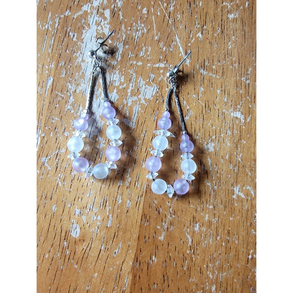 Silver Purple White Frosted Pearl Gems Earrings